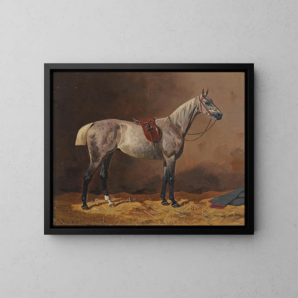 Paard van koers gezegeld in de stallen - Emil Volkers — ingelijst kunstwerk aan de muur