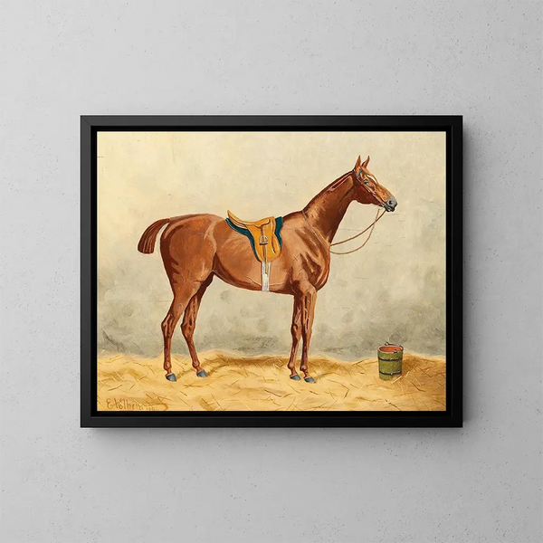 Paard met harnas in de stallen - Emil Volkers — ingelijst kunstwerk aan de muur