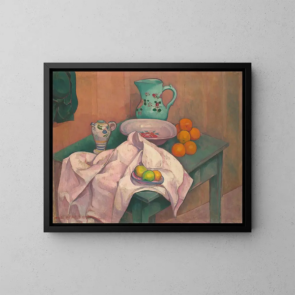 Natuurstudie met kan, bord en fruit op uitgerolde servet - Émile Bernard — ingelijst kunstwerk aan de muur