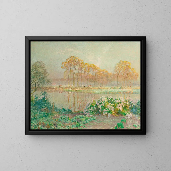 Landschap met vijver en bloemen - Émile Claus — ingelijst kunstwerk aan de muur