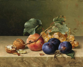 Emilie Preyer - Still Life with Two Walnuts Plums Grapes a Peach on a Branch and a Fly.webp