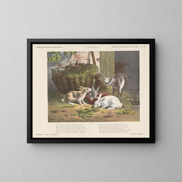 De drie konijnen en de geit - Emrik Binger — ingelijst kunstwerk aan de muur