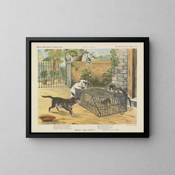 De muis en de kat - Emrik Binger — ingelijst kunstwerk aan de muur