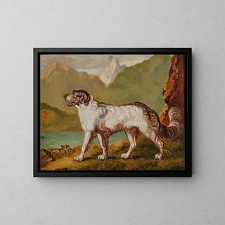 English School - A longhaired dog by a mountain lake.webp