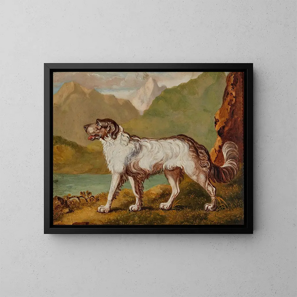Een langharige hond bij een bergmeer - Engelse school — ingelijst kunstwerk aan de muur