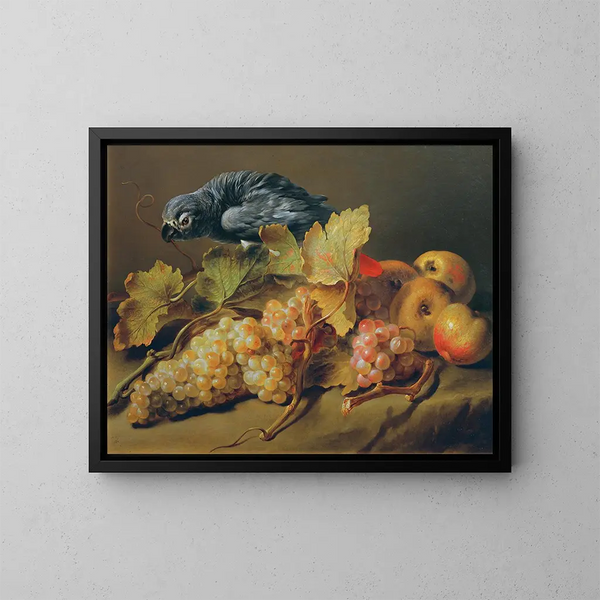 Natuurschildering met papegaai en druiven - Erasmus von Engert — ingelijst kunstwerk aan de muur