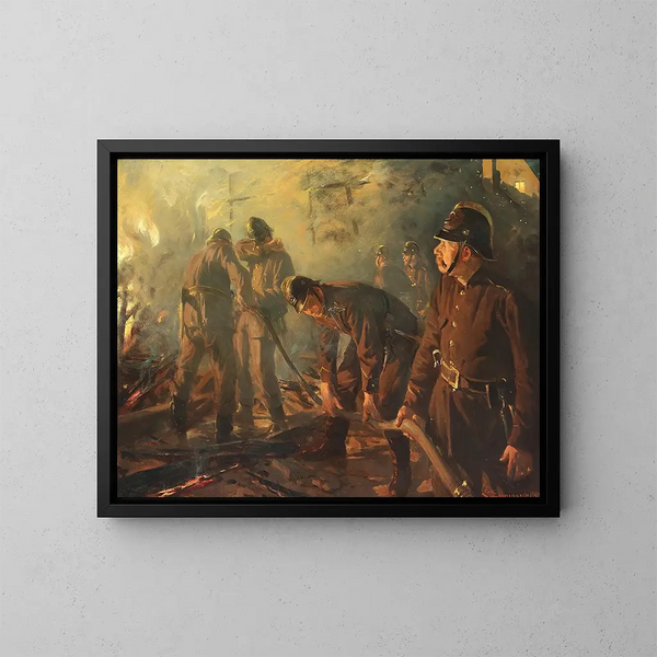 Strijd tegen het vuur - Erik Henningsen — ingelijst kunstwerk aan de muur