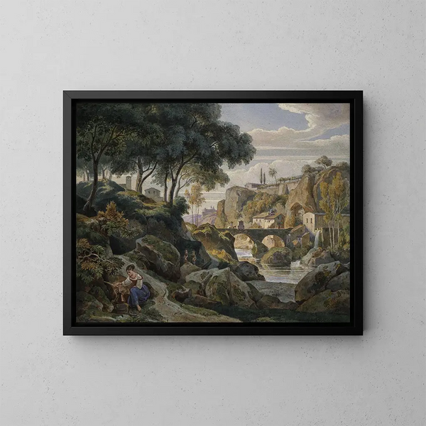 Landschap van Italiaanse bergen met stenen brug - Ernst Fries — ingelijst kunstwerk aan de muur