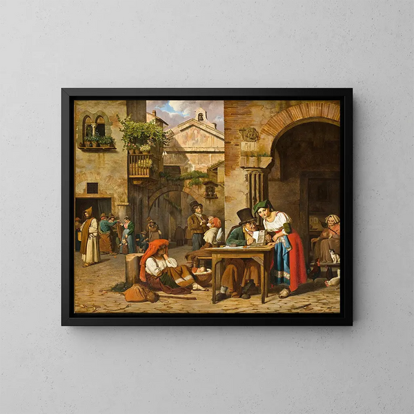 Een schrijver van Romeinse brieven die een brief hardop voorleest aan een jong meisje - Ernst Meyer — ingelijst kunstwerk aan de muur
