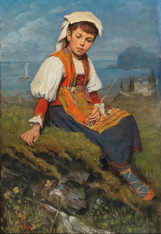 Ernst Payer - A Shepherd Girl Before A Coastal Landscape.webp