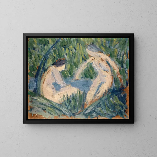 van een jongen die in een rivier in het bos zwemt - Ernst Schiess — ingelijst kunstwerk aan de muur