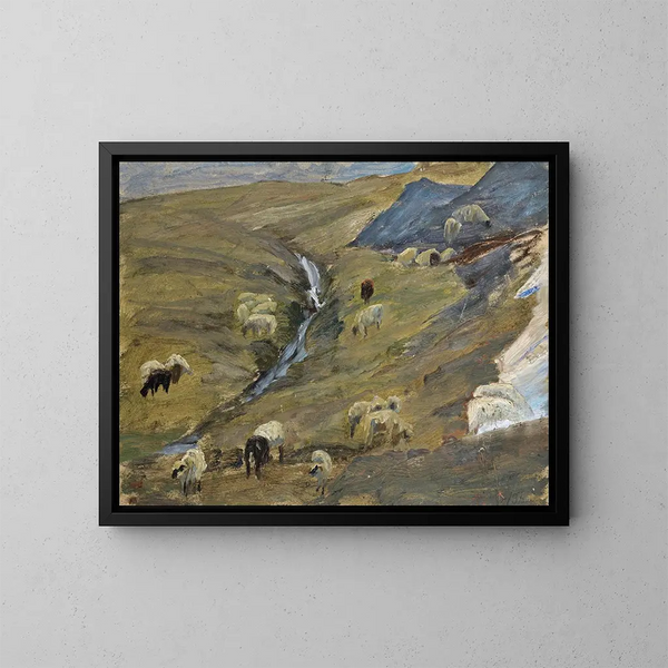 kudde schapen op een bergweide - Ernst Schiess — ingelijst kunstwerk aan de muur