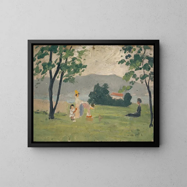 Vrouwen en kind op een weide - Ernst Schiess — ingelijst kunstwerk aan de muur