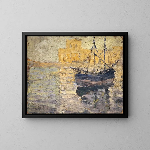 Haven met zeilboot - Ernst Schiess — ingelijst kunstwerk aan de muur
