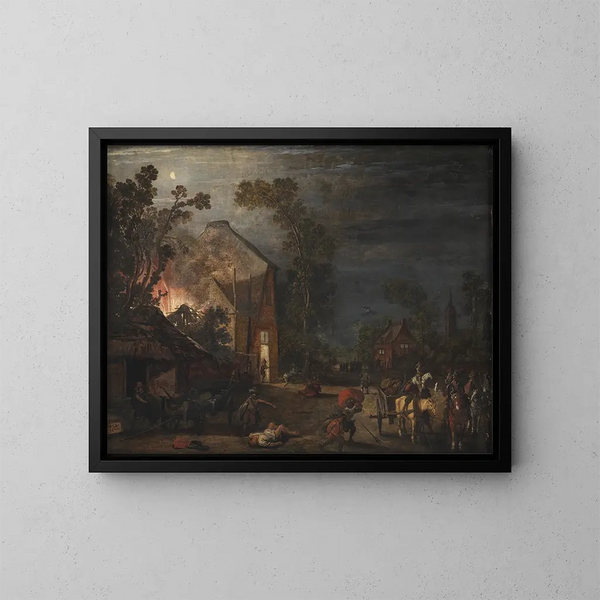 van een geplunderd dorp 's nachts - Esaias van de Velde — ingelijst kunstwerk aan de muur