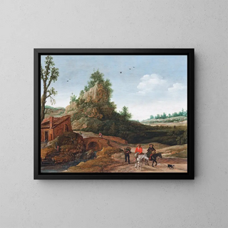 Esaias van de Velde - A landscape with travellers crossing a bridge before a small dwelling horsemen in the foreground.webp