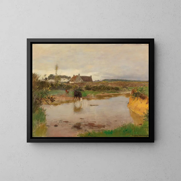 Landschap met rivier en Khen - Eugen Jettel — ingelijst kunstwerk aan de muur