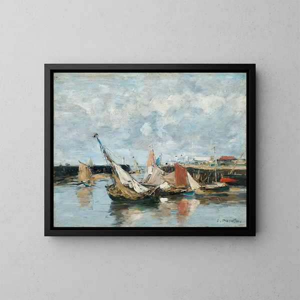 Booten in Trouville, eb en vloed - Eugène Boudin — ingelijst kunstwerk aan de muur