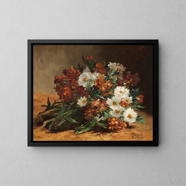 Bloemenmand met madeliefjes en gouden lak - Eugène Henri Cauchois — ingelijst kunstwerk aan de muur