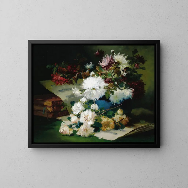 Natuurstudie met partituren en boeken - Eugène Henri Cauchois — ingelijst kunstwerk aan de muur