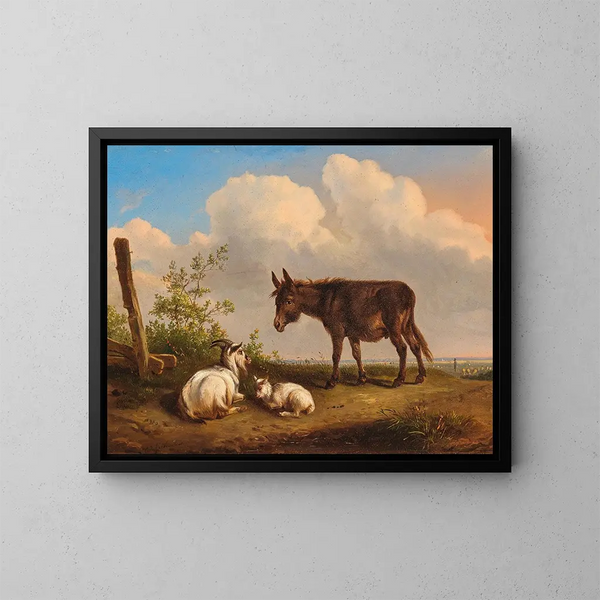 van een ezel en geiten op een landweg - Eugène Joseph Verboeckhoven — ingelijst kunstwerk aan de muur