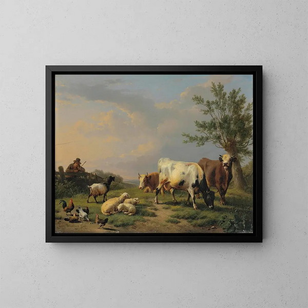 van een boer met drie koeien, drie schapen, een geit en vijf kippen in een landschap - Eugène Joseph Verboeckhoven — ingelijst kunstwerk aan de muur