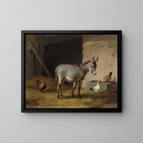 van Ezel en kippen in de stal - Eugène Joseph Verboeckhoven — ingelijst kunstwerk aan de muur