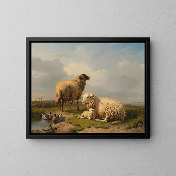 Schapen, lammetjes en eenden bij een vijver - Eugène Joseph Verboeckhoven — ingelijst kunstwerk aan de muur