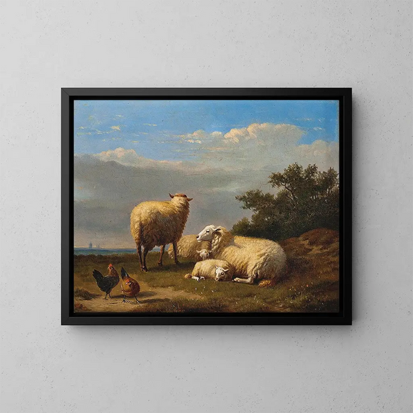 Schapen en gevogelte op de weide - Eugène Joseph Verboeckhoven — ingelijst kunstwerk aan de muur