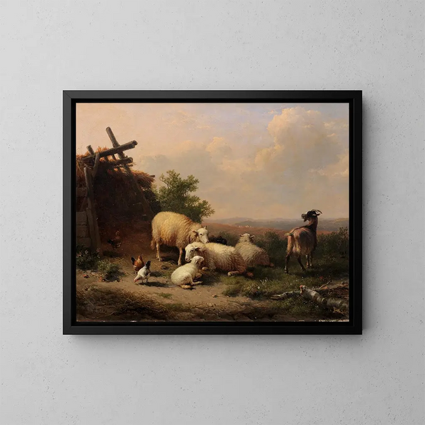 van een schilderij met schapen, geiten en gevogelte bij een schuilplaats in een heuvelachtig landschap - Eugène Joseph Verboeckhoven — ingelijst kunstwerk aan de muur