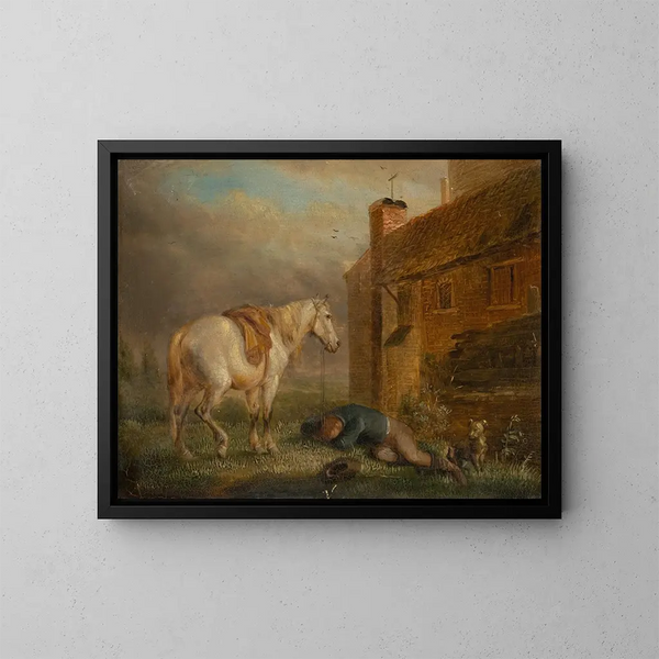 van een man die op een paard slaapt en het rijdier - Eugène Joseph Verboeckhoven — ingelijst kunstwerk aan de muur