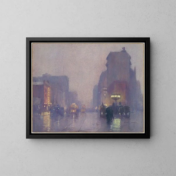 Broadway schilderij door een regenachtige avond - Everett L. Warner — ingelijst kunstwerk aan de muur
