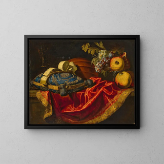 FRANCESCO FIERAVINO - A mandolin with a book of music on a blue and gold cushion with fruit on a partially draped ledge.webp