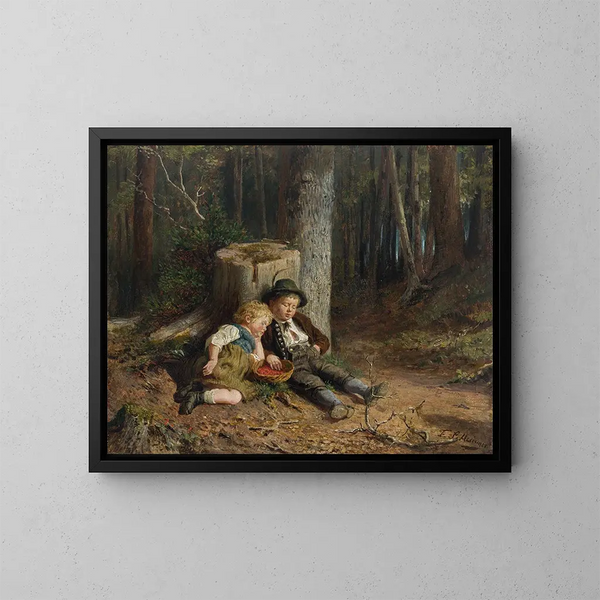 van Kinderen plukkend slapende bessen in het bos - Felix Schlesinger — ingelijst kunstwerk aan de muur