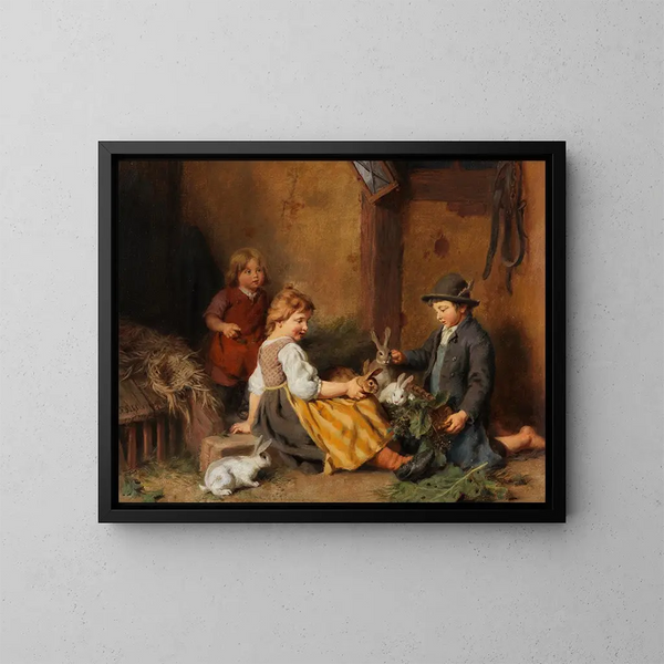 Kinderen met konijnen in de schuur - Felix Schlesinger — ingelijst kunstwerk aan de muur