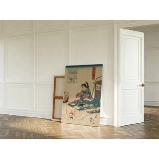 Femme à table, chat blanc bondissant sur un papillon - Utagawa Kuniyoshi | Reproduction Tableau Décoration murale affiche copie