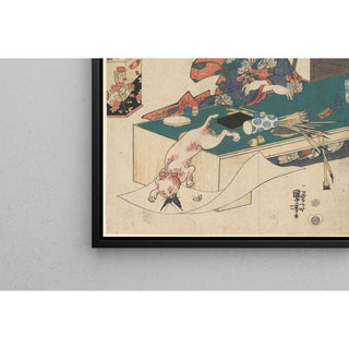 Femme à table, chat blanc bondissant sur un papillon - Utagawa Kuniyoshi | Reproduction Tableau Décoration murale affiche copie