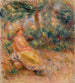 Vrouw in roze en geel in een landschap - Pierre-Auguste Renoir — weergave van het kunstwerk
