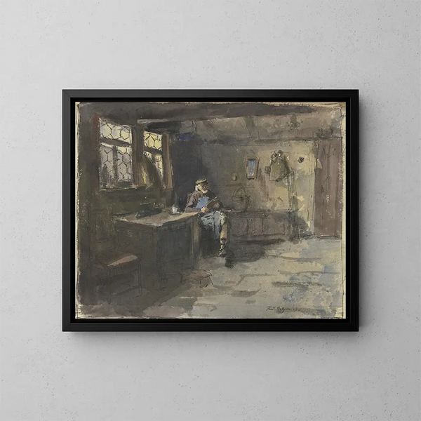 van een zittende man in een eenvoudige interieur lezend - Ferdinand Balzer — ingelijst kunstwerk aan de muur