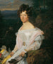 Dame in witte jurk voor een boslandschap van Wenen - Ferdinand Georg Waldmüller — weergave van het kunstwerk