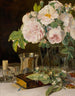 Natuurschilderij met rozen in een glas, een kandelaartje en een zilveren schaal - Ferdinand Georg Waldmüller — weergave van het kunstwerk