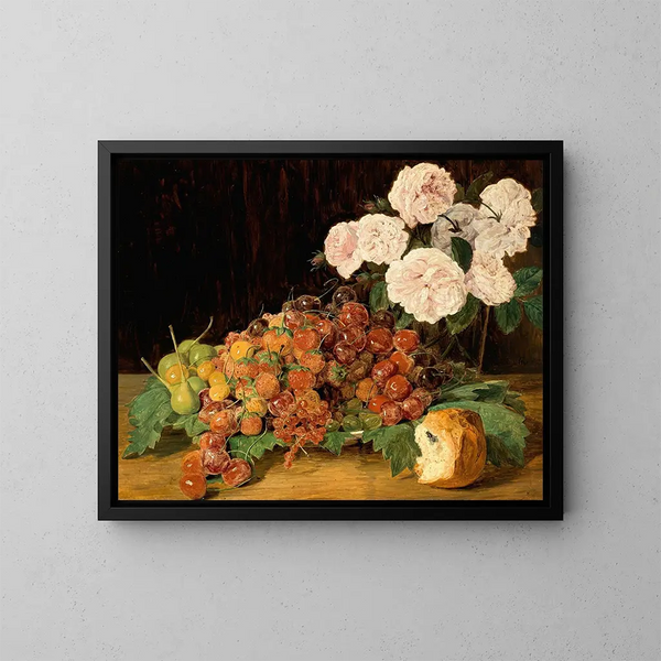 Natuurschilderij met rozen, aardbeien en brood - Ferdinand Georg Waldmüller — ingelijst kunstwerk aan de muur