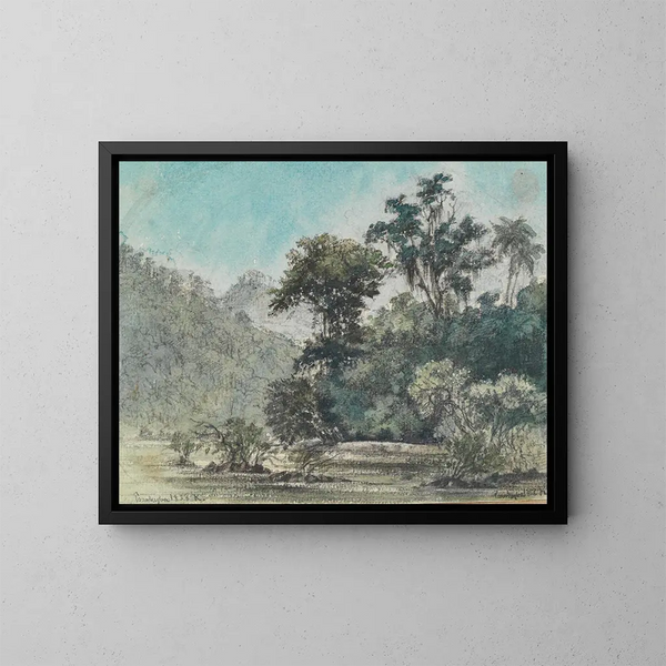 Vue op de beboste oever van de rivier - Ferdinand Keller — ingelijst kunstwerk aan de muur