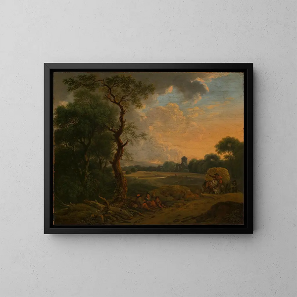 Landschapschilderij van de avond met hooiberg - Ferdinand Kobell — ingelijst kunstwerk aan de muur