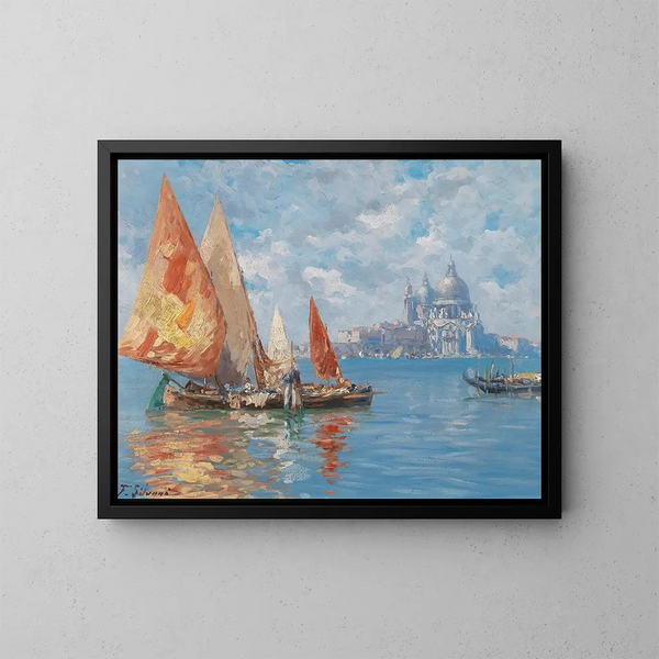 van Venetië vissersboten voor Santa Maria della Salute - Ferdinando Silvani — ingelijst kunstwerk aan de muur