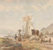 Figures with livestock by the riverbank with a boat - Julius Jacobus van de Sande Bakhuyzen — artwork view