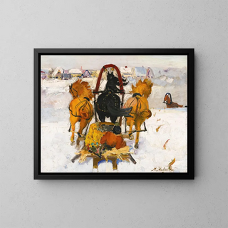 Troïka in de sneeuw - Filipp Malyavin — ingelijst kunstwerk aan de muur