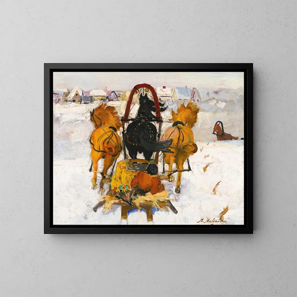 Troïka in de sneeuw - Filipp Malyavin — ingelijst kunstwerk aan de muur
