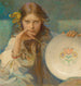 Meisje met een bord met folkloristische motieven - Alphonse Mucha — weergave van het kunstwerk