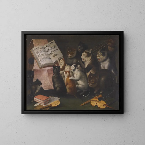 Een schittering van katten die muziek maken en zingen - Vlaamse school — ingelijst kunstwerk aan de muur